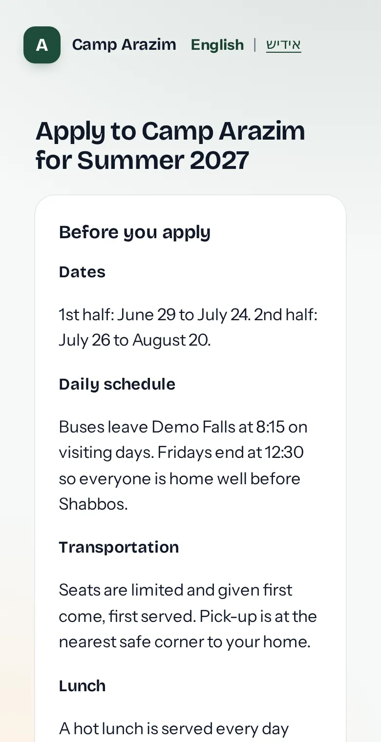 The camp's apply page on a phone, starting with what families should know before they apply: dates, the daily schedule and transportation.