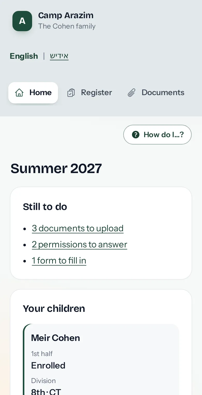 A family's private page on a phone: what is still to do this summer (documents, permissions and a form) and each child's session, status and bunk.