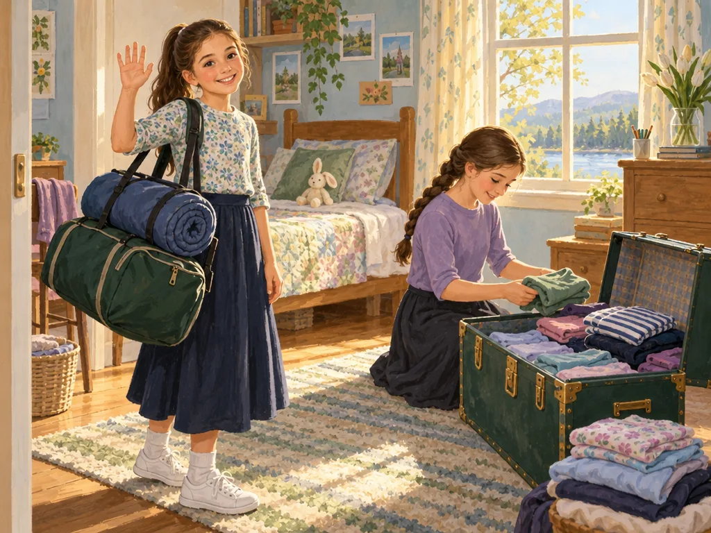 Packing day: a camper waves with her duffel bag while her sister folds clothes into the camp trunk.