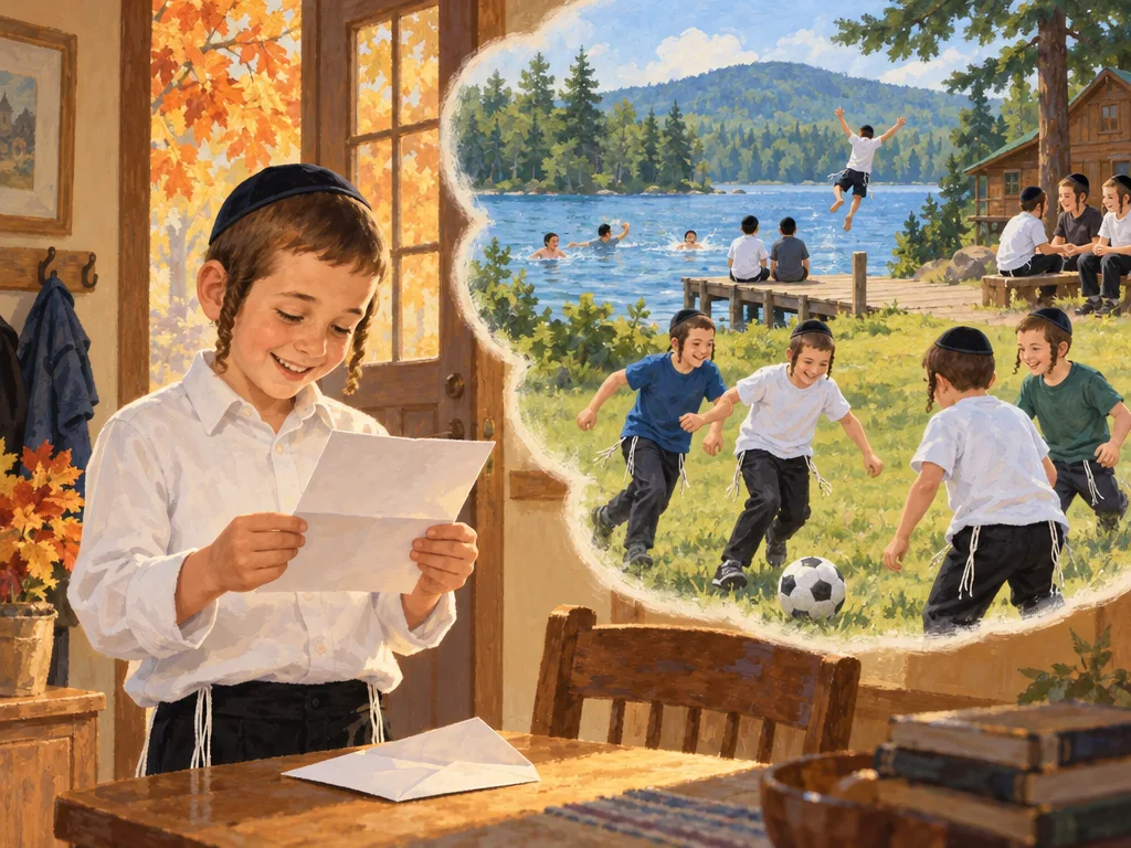 An autumn day at home: a camper smiles over the letter about next summer, dreaming of swimming and ball games at camp.