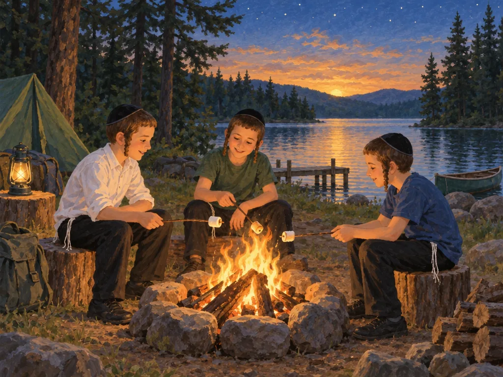 Three campers toasting marshmallows at the campfire by the lake at sunset.