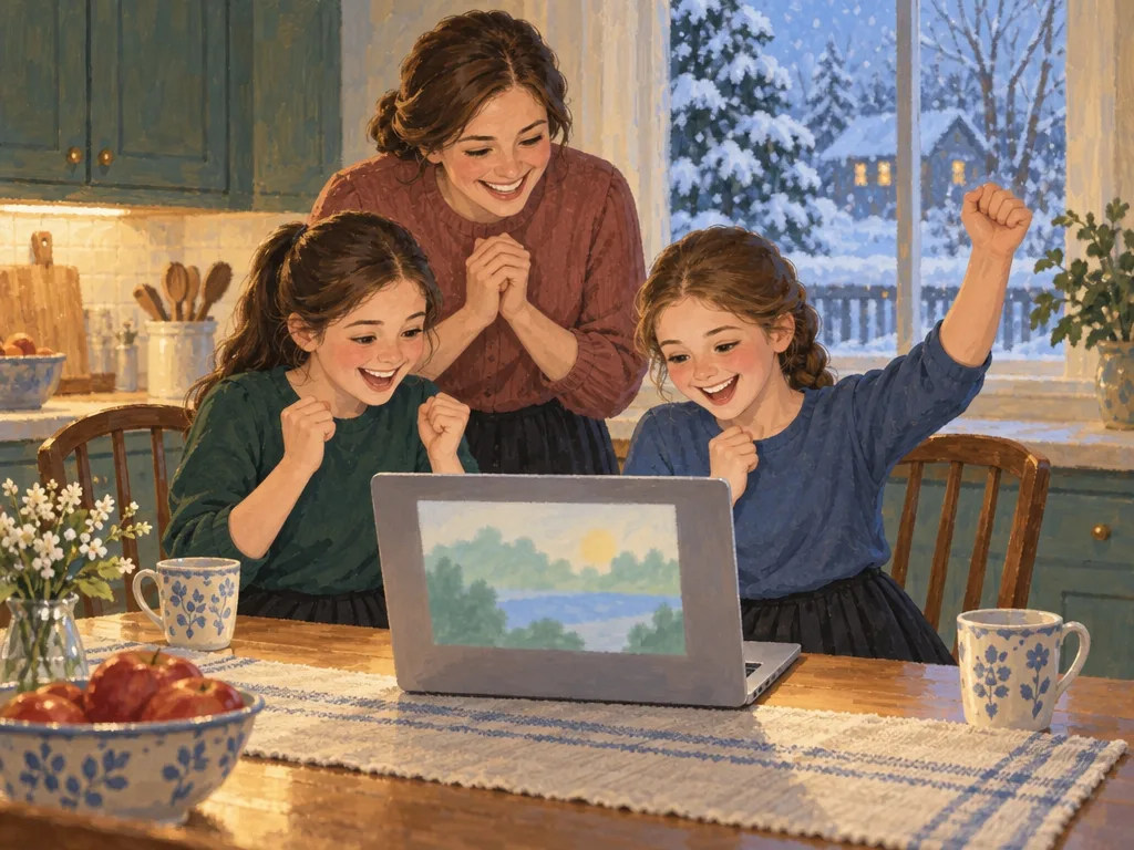 Snow outside the kitchen window: two girls cheer at the laptop with their mother as they find out they're going to camp.